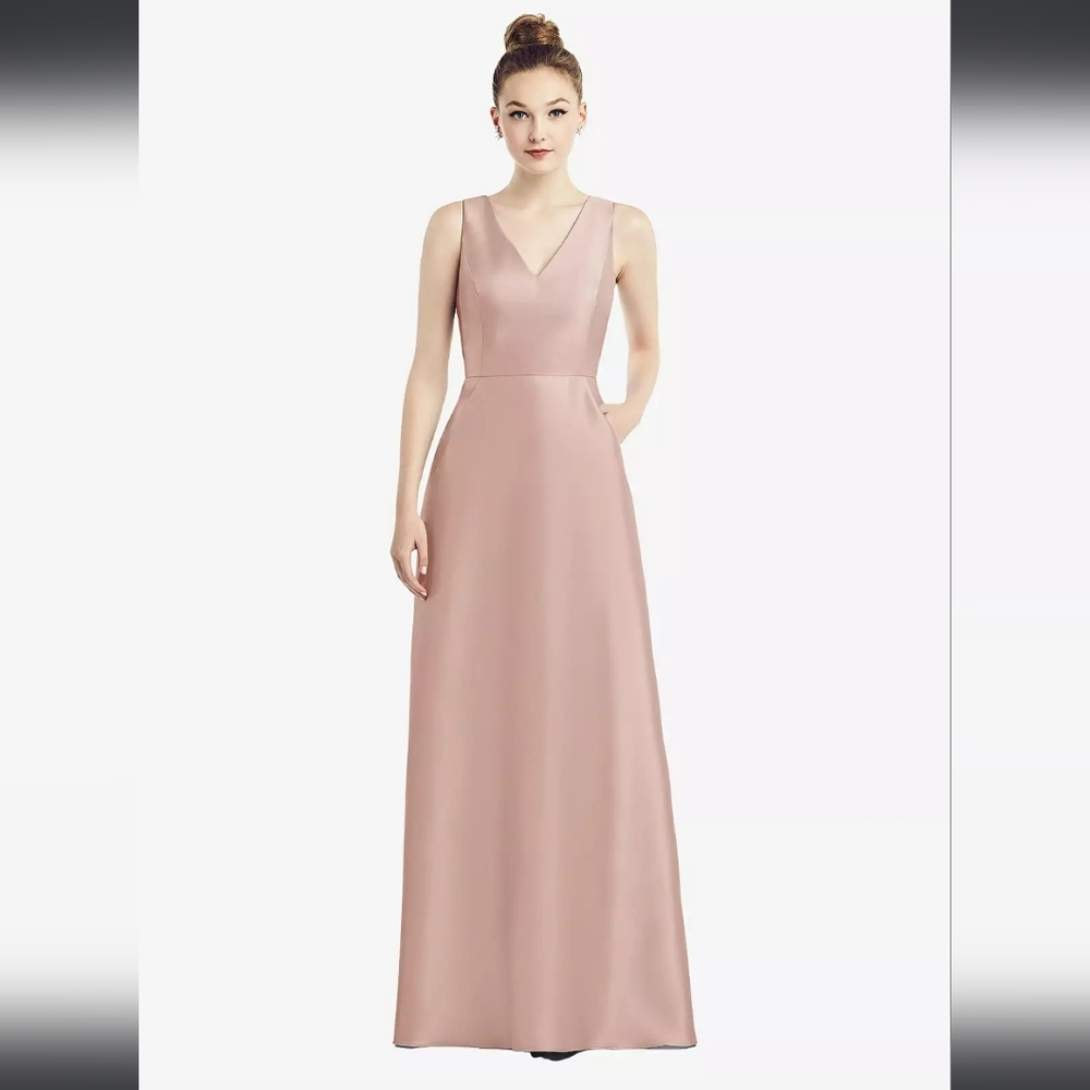 Alfred Sung Sleeveless V-Neck Satin Dress With Pockets In Toasted Sugar …